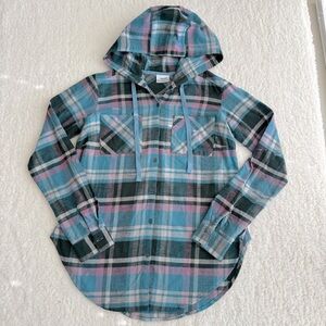 Columbia NWOT Women's Casual Plaid Hooded Shirt in Blue and Pink, Size XS